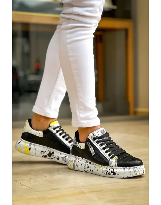 Tb-02  Terzi Bey Bağcıklı Crocodile Siyah Sarı Günlük Erkek Ayakkabı