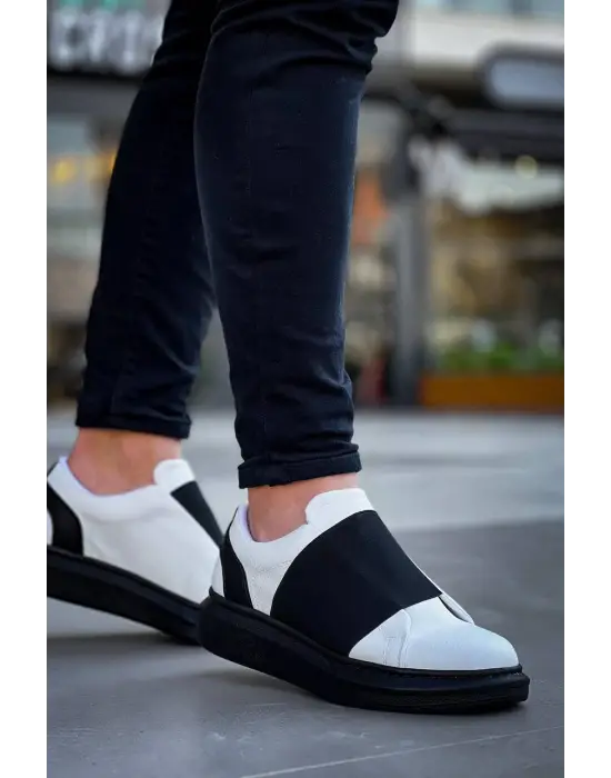 Tb-040  Terzi Bey Beyaz Cilt Siyah Yüksek Taban Lastikli Günlük Erkek Ayakkabı
