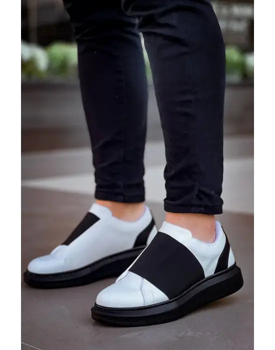 Tb-040  Terzi Bey Beyaz Cilt Siyah Yüksek Taban Lastikli Günlük Erkek Ayakkabı