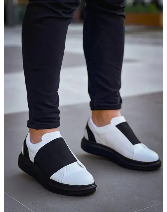 Tb-040  Terzi Bey Beyaz Cilt Siyah Yüksek Taban Lastikli Günlük Erkek Ayakkabı