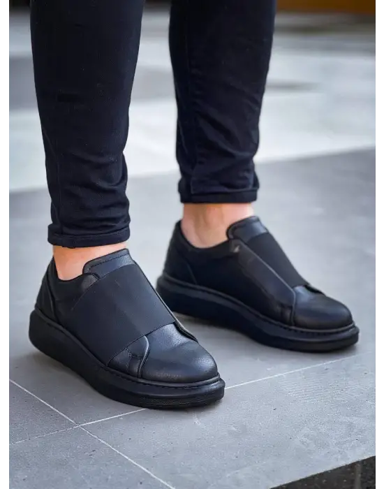 Tb-040  Terzi Bey  Siyah Cilt Siyah Yüksek Taban Lastikli Günlük Erkek Ayakkabı