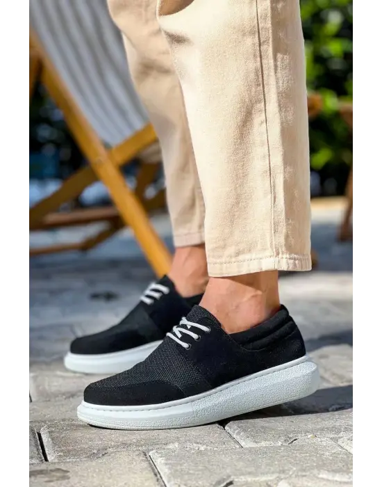 Tb-042  Terzi Bey Bağcıklı  Siyah Deri Tozu Beyaz Taban Günlük Erkek Ayakkabı