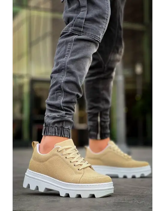 Tb-056 Terzi Bey Bej Süet Beyaz Yüksek Taban Günlük Spor Ayakkabı