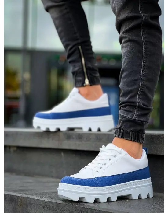 Tb-056 Terzi Bey Beyaz Mavi Detaylı Beyaz Yüksek Taban Günlük Spor Ayakkabı