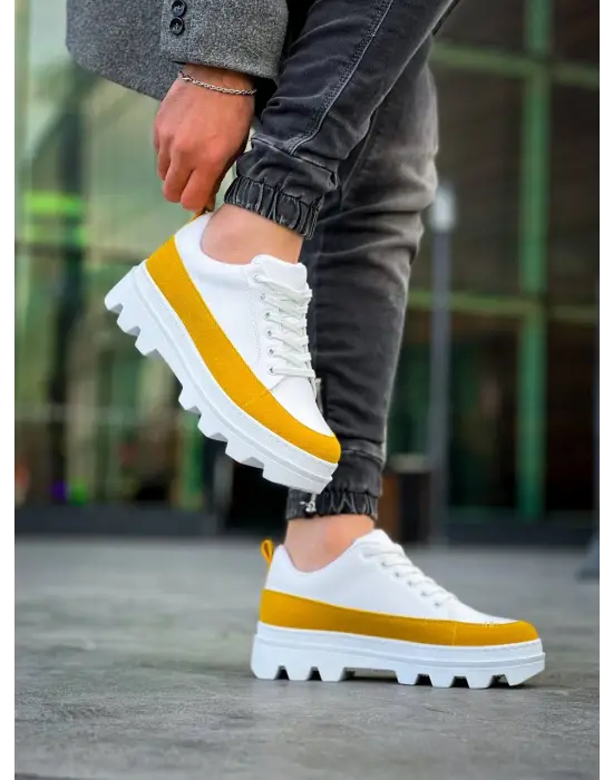 Tb-056 Terzi Bey Beyaz Sarı Detaylı Beyaz Yüksek Taban Günlük Spor Ayakkabı
