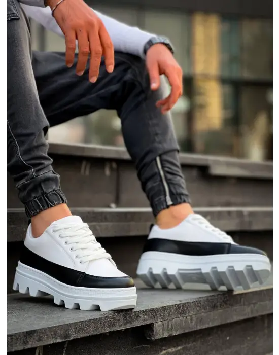 Tb-056 Terzi Bey Beyaz Siyah Detaylı Beyaz Yüksek Taban Günlük Spor Ayakkabı