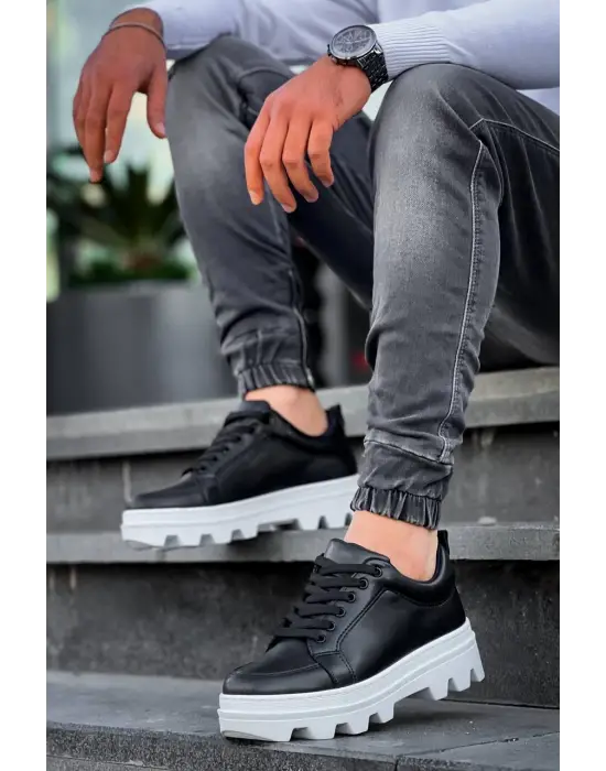 Tb-056 Terzi Bey Siyah Cilt Beyaz Yüksek Taban Günlük Spor Ayakkabı