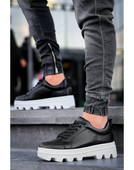 Tb-056 Terzi Bey Siyah Cilt Beyaz Yüksek Taban Günlük Spor Ayakkabı