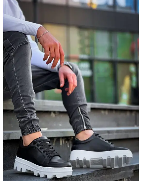 Tb-056 Terzi Bey Siyah Cilt Beyaz Yüksek Taban Günlük Spor Ayakkabı