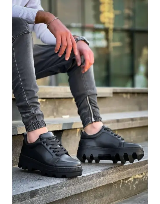 Tb-056 Terzi Bey Siyah Cilt Siyah Yüksek Taban Günlük Spor Ayakkabı