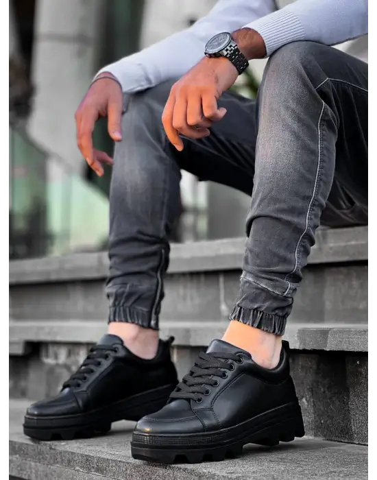 Tb-056 Terzi Bey Siyah Cilt Siyah Yüksek Taban Günlük Spor Ayakkabı