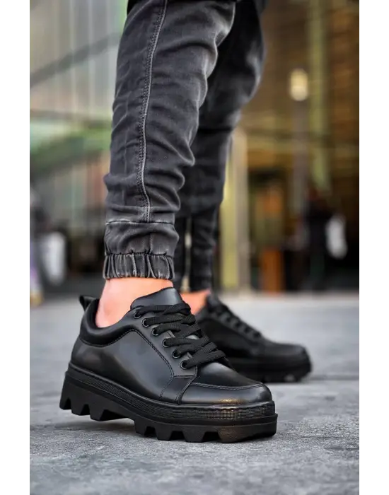 Tb-056 Terzi Bey Siyah Cilt Siyah Yüksek Taban Günlük Spor Ayakkabı