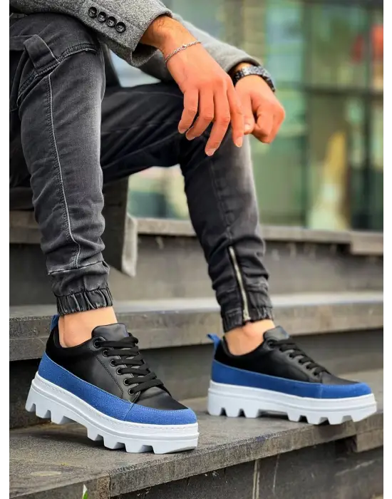 Tb-056 Terzi Bey Siyah Mavi Detaylı Beyaz Yüksek Taban Günlük Spor Ayakkabı