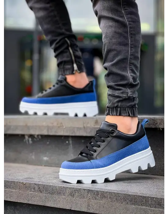 Tb-056 Terzi Bey Siyah Mavi Detaylı Beyaz Yüksek Taban Günlük Spor Ayakkabı