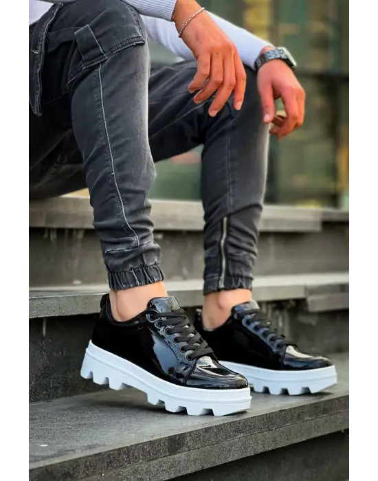 Tb-056 Terzi Bey Siyah Rugan Beyaz Yüksek Taban Günlük Spor Ayakkabı