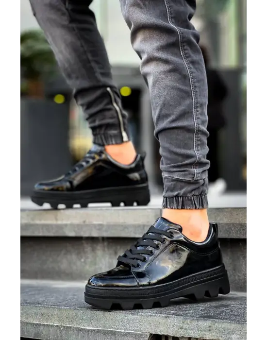 Tb-056 Terzi Bey Siyah Rugan Siyah Yüksek Taban Günlük Spor Ayakkabı