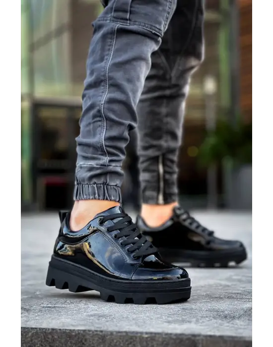 Tb-056 Terzi Bey Siyah Rugan Siyah Yüksek Taban Günlük Spor Ayakkabı