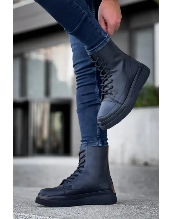 Tb-0991  Terzi Bey Siyah Cilt Siyah Yüksek Taban  Bağcıklı  Postal Bot