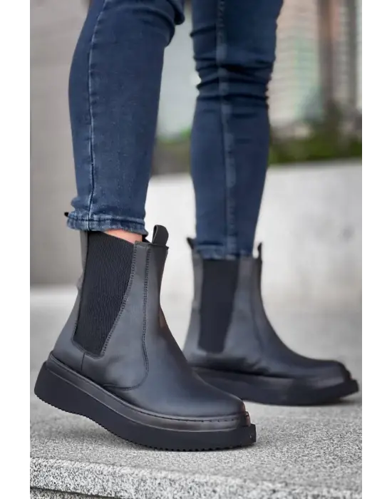 Tb-0992  Terzi Bey Siyah Cilt Siyah Yüksek Taban  Lastikli Erkek Bot