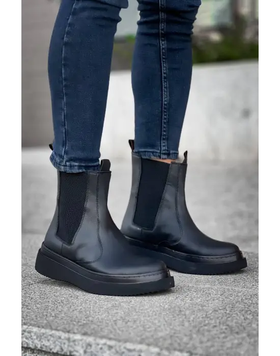 Tb-0992  Terzi Bey Siyah Cilt Siyah Yüksek Taban  Lastikli Erkek Bot