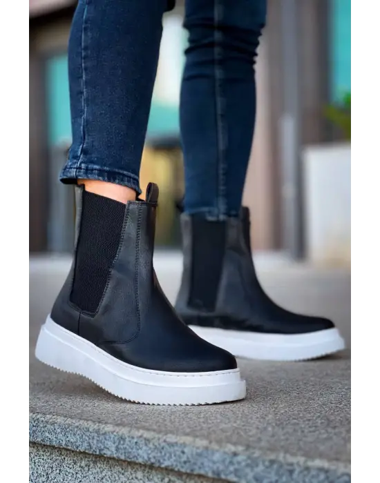 Tb-0992  Terzi Bey Siyah Cilt  Yüksek Taban  Lastikli Erkek Bot