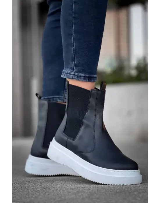 Tb-0992  Terzi Bey Siyah Cilt  Yüksek Taban  Lastikli Erkek Bot
