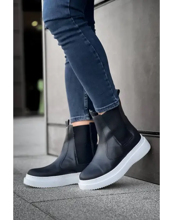 Tb-0992  Terzi Bey Siyah Cilt  Yüksek Taban  Lastikli Erkek Bot