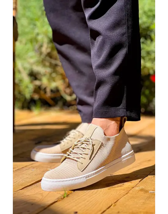 Tb-110  Terzi Bey Bej Triko Yüksek Taban Bağcıklı Günlük Erkek Ayakkabı