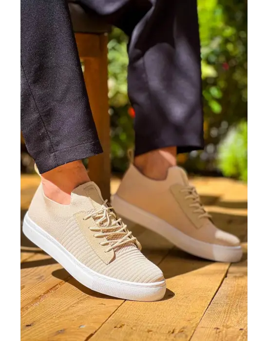 Tb-110  Terzi Bey Bej Triko Yüksek Taban Bağcıklı Günlük Erkek Ayakkabı