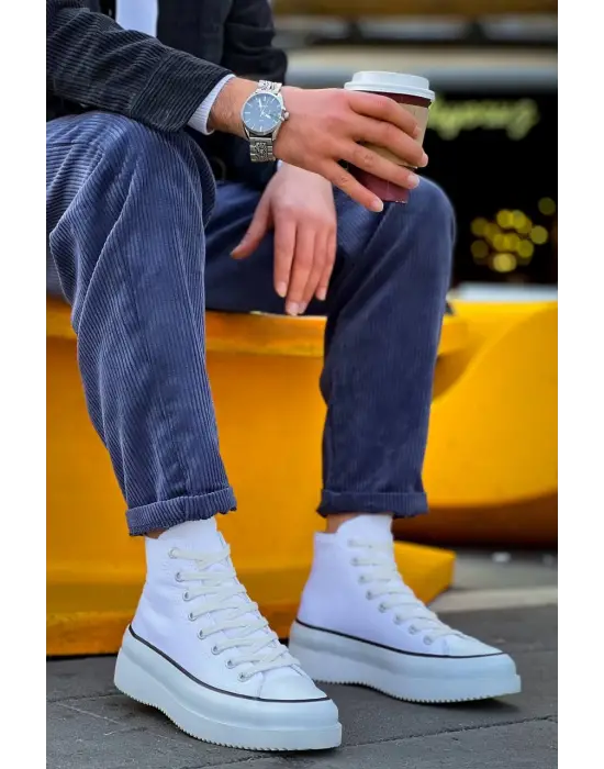 Tb-cx-3 Terzi Bey Uzun Beyaz Keten Beyaz Yüksek Taban Spor Ayakkabı