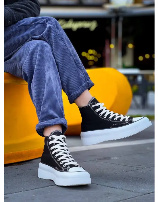 Tb-cx-3 Terzi Bey Uzun Siyah Keten Beyaz Yüksek Taban Spor Ayakkabı