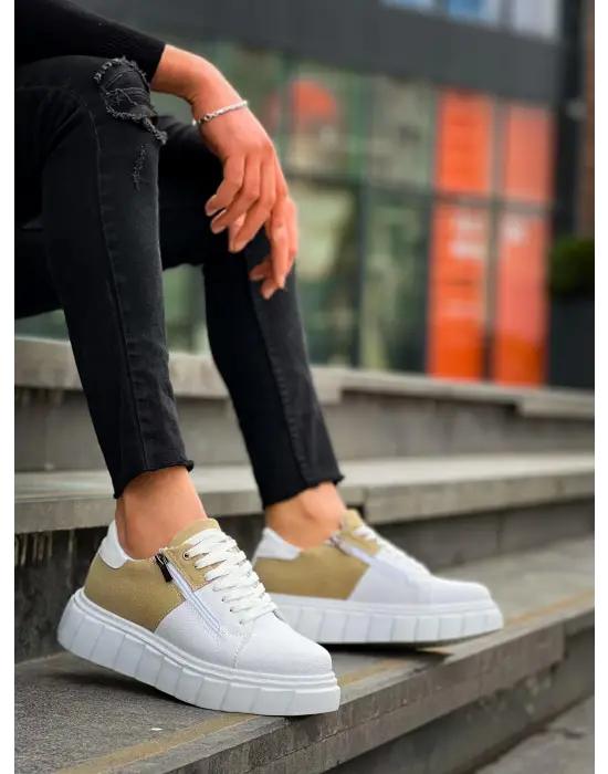 Tb-x155 Terzi Bey Beyaz Cilt Bej Süet Detaylı Beyaz Yüksek Taban Günlük Spor Ayakkabı
