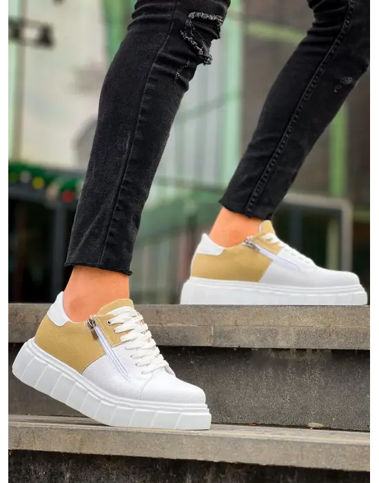 Tb-x155 Terzi Bey Beyaz Cilt Bej Süet Detaylı Beyaz Yüksek Taban Günlük Spor Ayakkabı