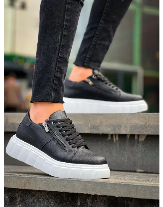 Tb-x155 Terzi Bey Siyah Cilt Detaylı Beyaz Yüksek Taban Günlük Spor Ayakkabı