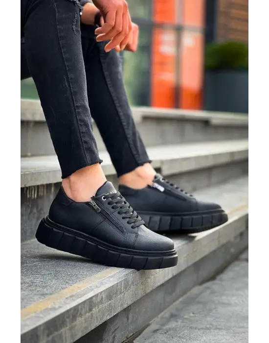 Tb-x155 Terzi Bey Siyah Cilt Detaylı Siyah Yüksek Taban Günlük Spor Ayakkabı