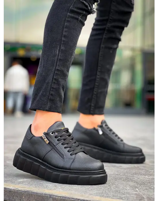 Tb-x155 Terzi Bey Siyah Cilt Detaylı Siyah Yüksek Taban Günlük Spor Ayakkabı