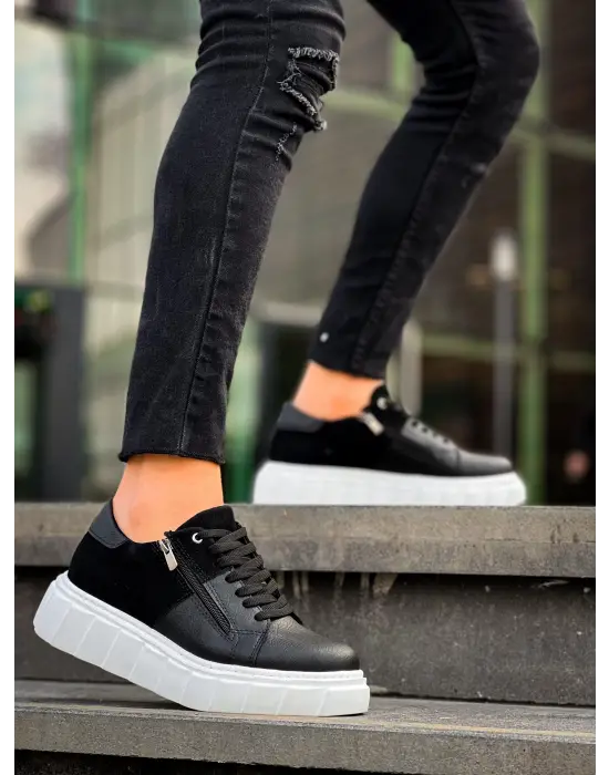 Tb-x155 Terzi Bey Siyah Cilt Siyah Süet Detaylı Beyaz Yüksek Taban Günlük Spor Ayakkabı