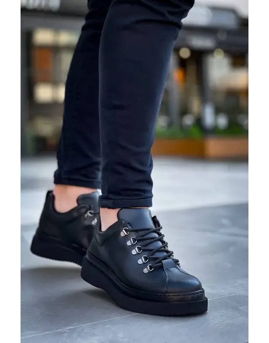 Tb-x4  Terzi Bey Siyah Cilt Siyah Yüksek Taban Bağcıklı Günlük Erkek Ayakkabı