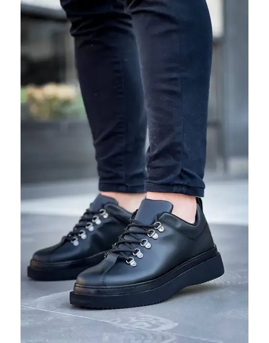 Tb-x4  Terzi Bey Siyah Cilt Siyah Yüksek Taban Bağcıklı Günlük Erkek Ayakkabı