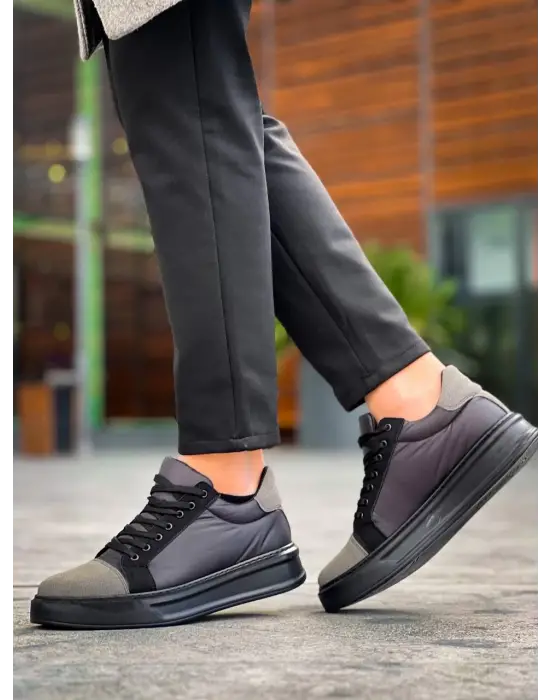 Tb-x46 Terzi Bey Siyah Gri Yüksek Siyah Taban Günlük Spor Ayakkabı