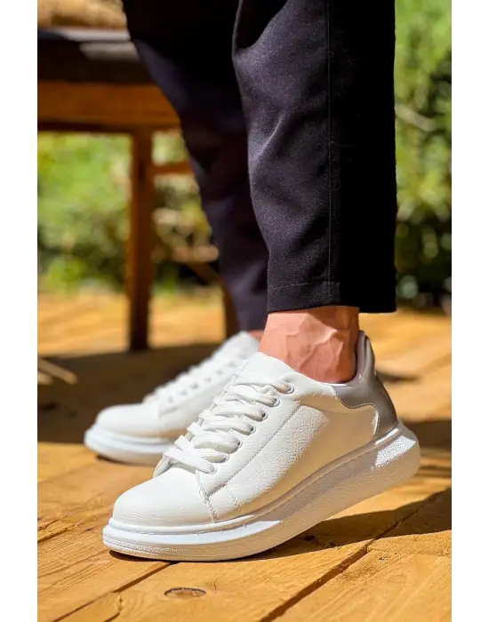 Tb-x500  Terzi Bey Beyaz Gümüş Yüksek Taban Bağcıklı Günlük Erkek Ayakkabı