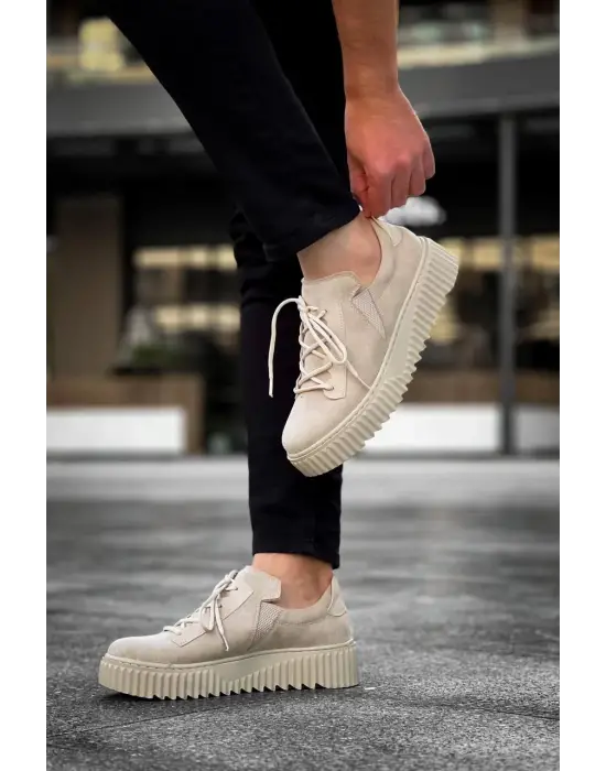 Tb-x502  Terzi Bey Bej Süet Yüksek Bej Taban Bağcık Detaylı Lastikli Günlük Erkek Ayakkabı