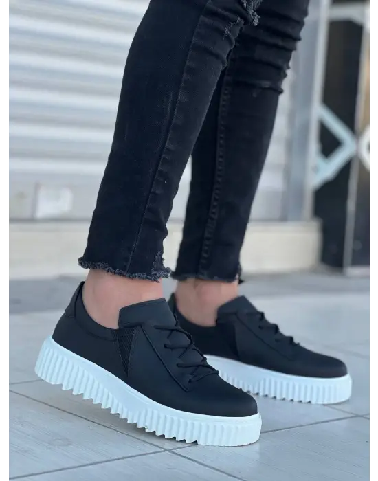 Tb-x502  Terzi Bey Siyah Cilt Yüksek Beyaz Taban Bağcık Detaylı Lastikli Günlük Erkek Ayakkabı