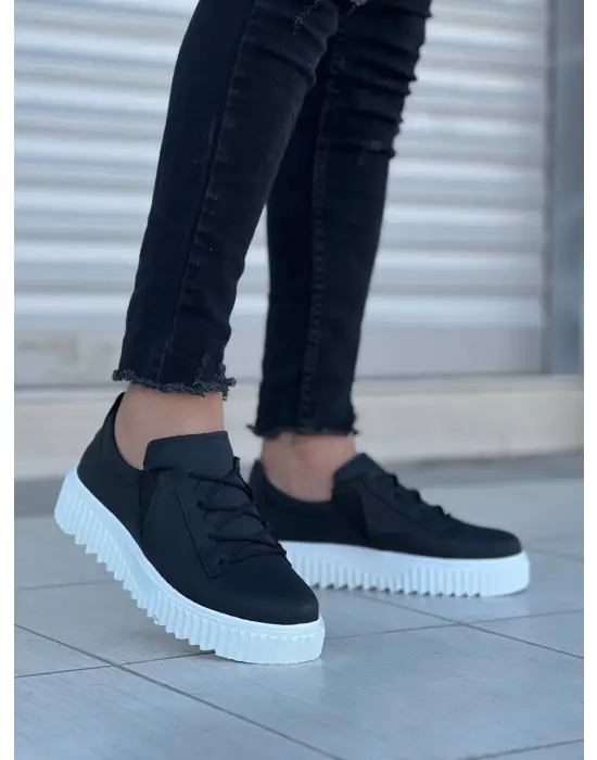 Tb-x502  Terzi Bey Siyah Cilt Yüksek Beyaz Taban Bağcık Detaylı Lastikli Günlük Erkek Ayakkabı