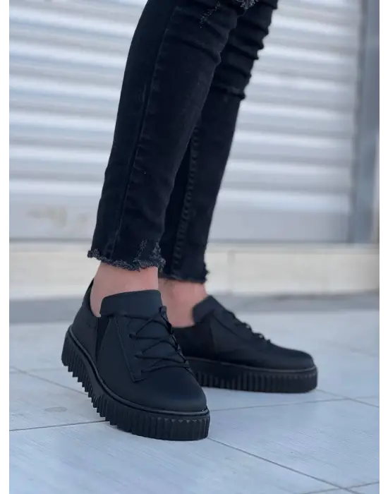 Tb-x502  Terzi Bey Siyah Cilt Yüksek Siyah Taban Bağcık Detaylı Lastikli Günlük Erkek Ayakkabı