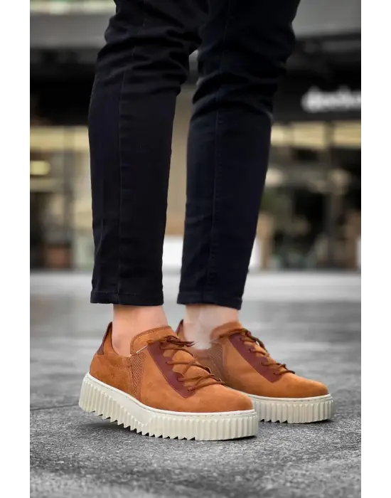 Tb-x502  Terzi Bey Taba Süet Yüksek Bej Taban Bağcık Detaylı Lastikli Günlük Erkek Ayakkabı