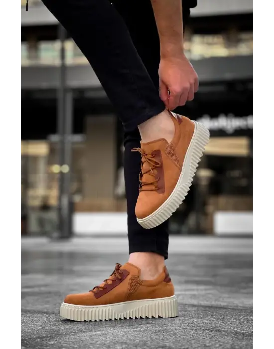 Tb-x502  Terzi Bey Taba Süet Yüksek Bej Taban Bağcık Detaylı Lastikli Günlük Erkek Ayakkabı