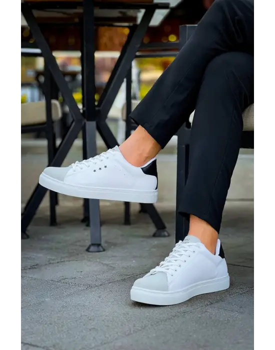 Tb-x7  Terzi Bey Beyaz Siyah Yüksek Taban Bağcıklı Günlük Erkek Ayakkabı