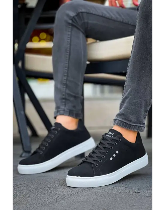 Tb-x7  Terzi Bey Siyah Süet Yüksek Beyaz Taban Bağcıklı Günlük Erkek Ayakkabı