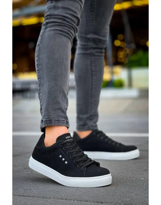 Tb-x7  Terzi Bey Siyah Süet Yüksek Beyaz Taban Bağcıklı Günlük Erkek Ayakkabı